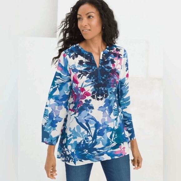 Chico's Floral Split Neck Embroidered Neckline Tunic, Medium - Picture 1 of 10